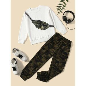 NEW SHEIN Boys Camo Bag And Letter Graphic Pullover & Sweatpants Size‎ 9Y